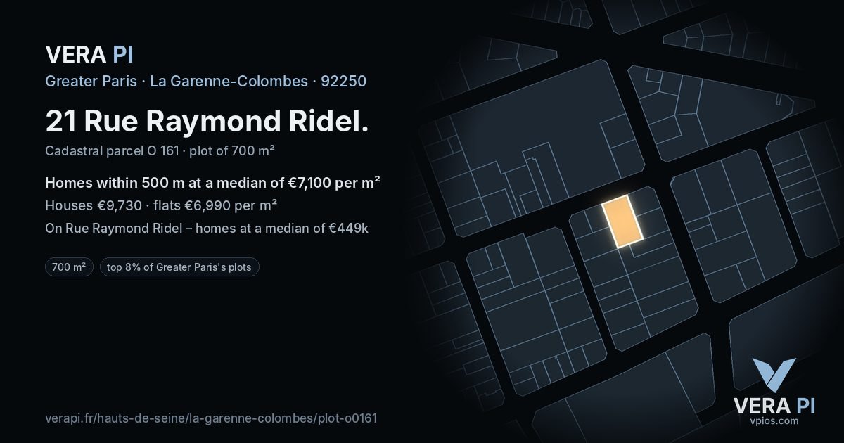 21 Rue Raymond Ridel, La Garenne-Colombes at night – the plot lit, the parcels around coloured by the prices near them
