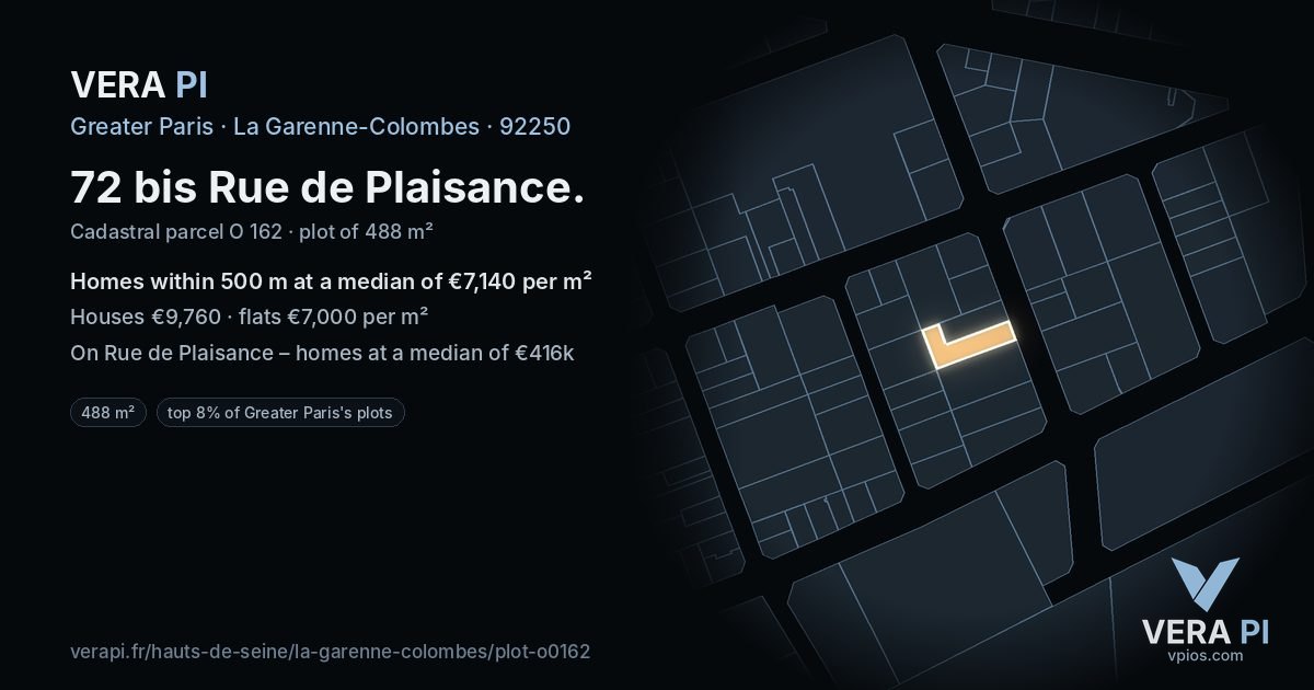72 bis Rue de Plaisance, La Garenne-Colombes at night – the plot lit, the parcels around coloured by the prices near them