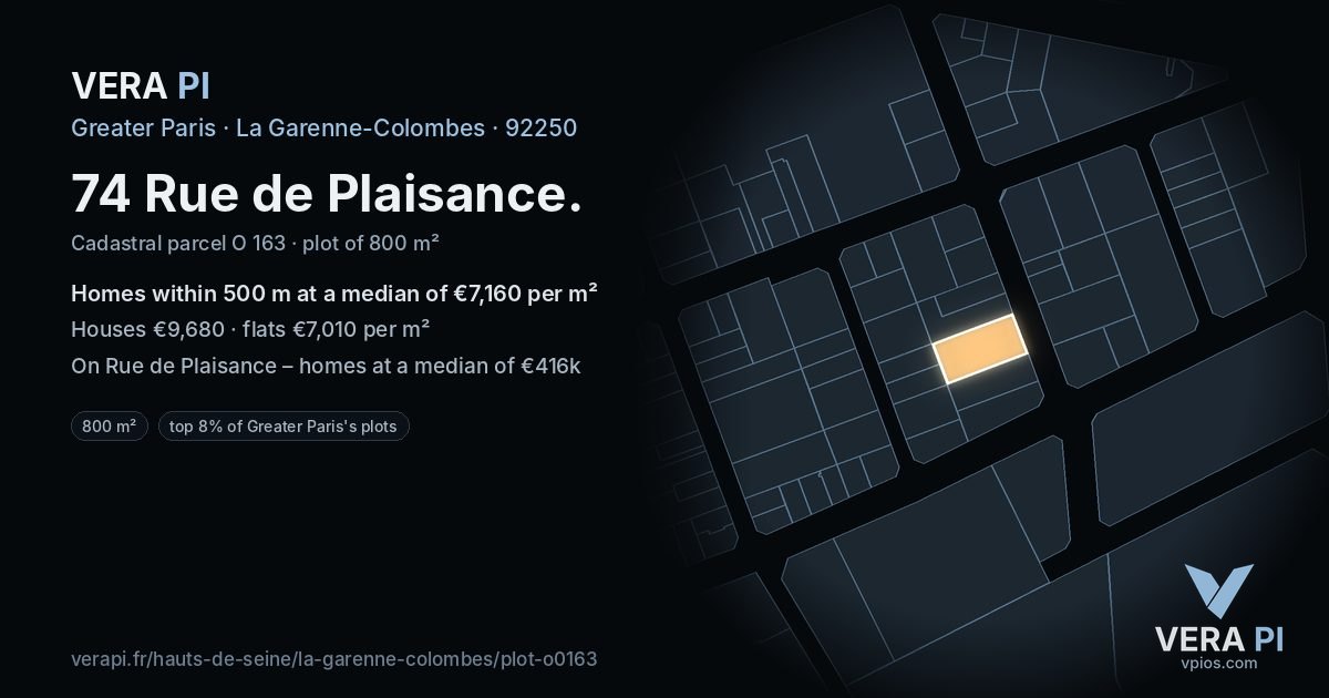 74 Rue de Plaisance, La Garenne-Colombes at night – the plot lit, the parcels around coloured by the prices near them