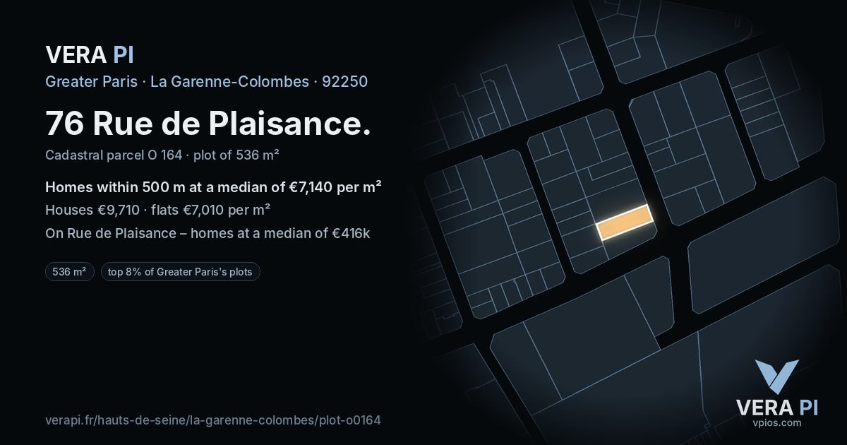 76 Rue de Plaisance, La Garenne-Colombes at night – the plot lit, the parcels around coloured by the prices near them