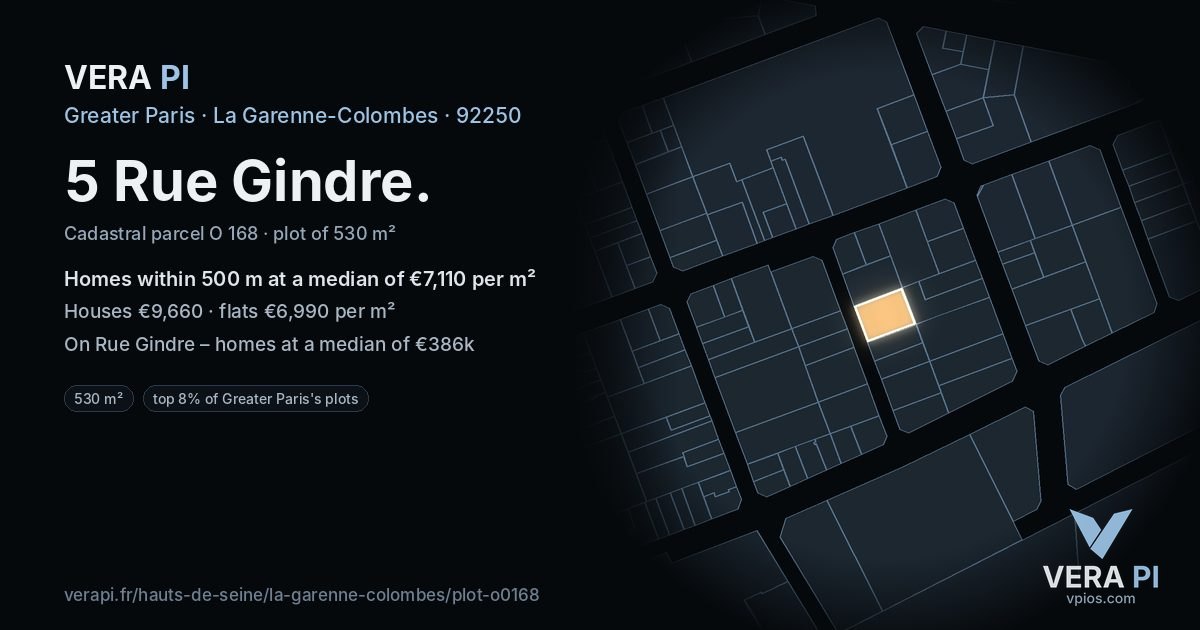 5 Rue Gindre, La Garenne-Colombes at night – the plot lit, the parcels around coloured by the prices near them