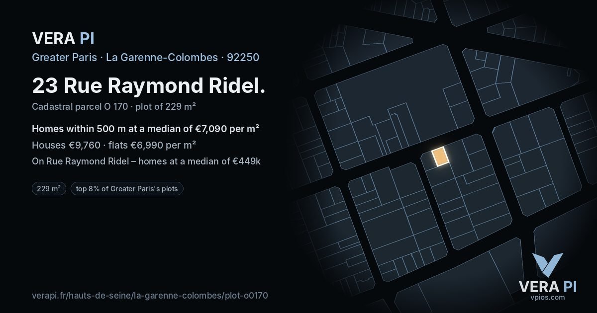 23 Rue Raymond Ridel, La Garenne-Colombes at night – the plot lit, the parcels around coloured by the prices near them