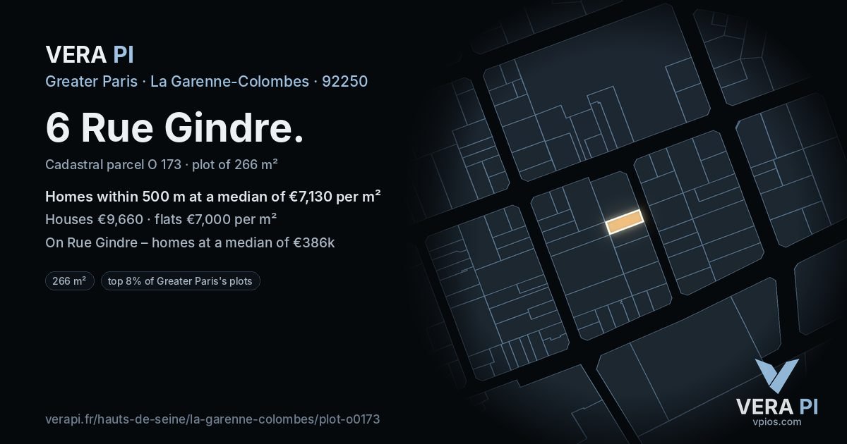6 Rue Gindre, La Garenne-Colombes at night – the plot lit, the parcels around coloured by the prices near them