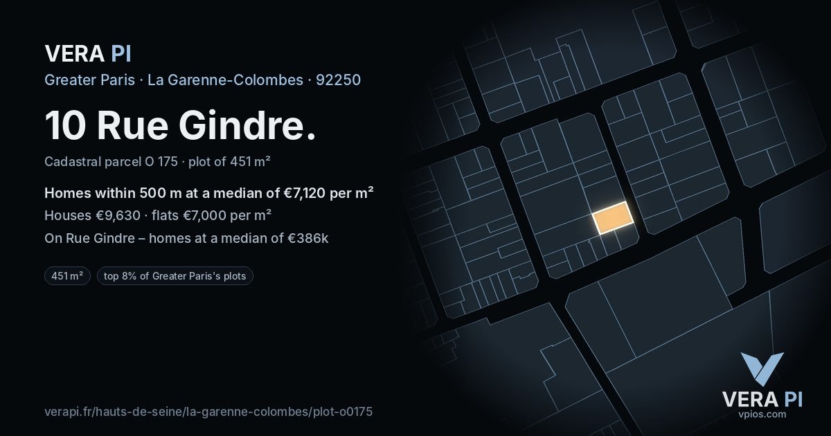 10 Rue Gindre, La Garenne-Colombes at night – the plot lit, the parcels around coloured by the prices near them
