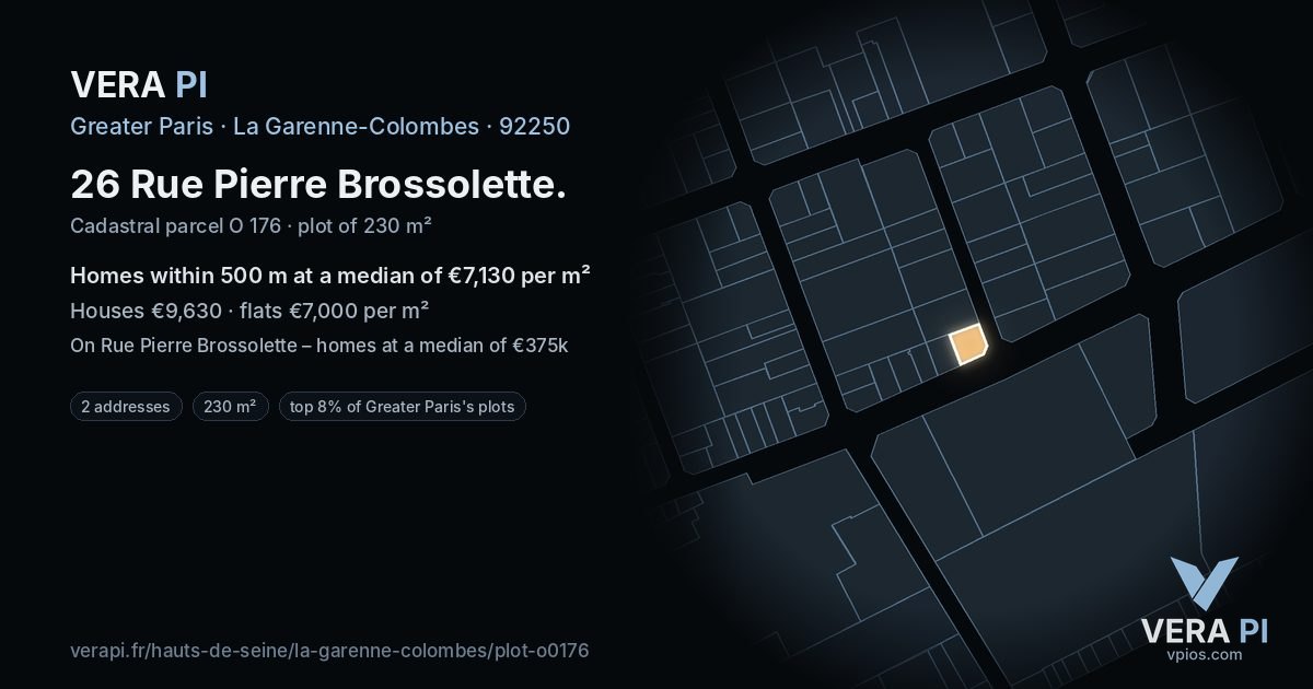 26 Rue Pierre Brossolette, La Garenne-Colombes at night – the plot lit, the parcels around coloured by the prices near them