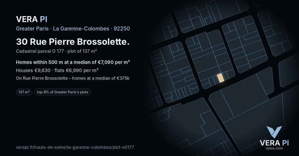 30 Rue Pierre Brossolette, La Garenne-Colombes at night – the plot lit, the parcels around coloured by the prices near them