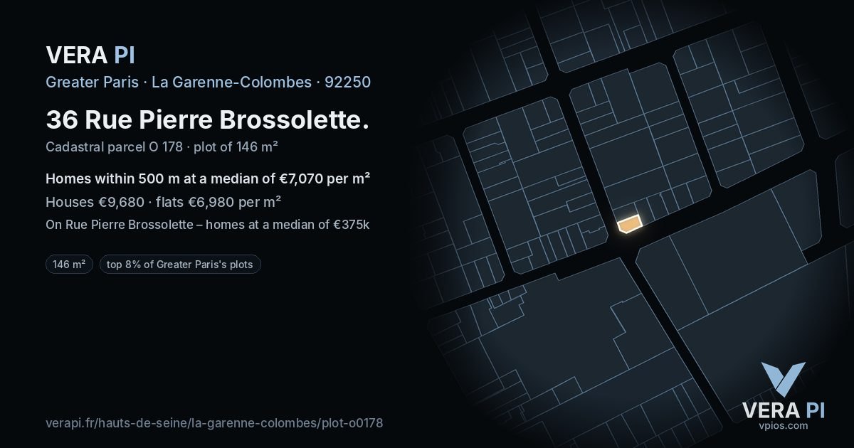36 Rue Pierre Brossolette, La Garenne-Colombes at night – the plot lit, the parcels around coloured by the prices near them