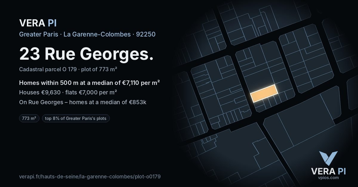 23 Rue Georges, La Garenne-Colombes at night – the plot lit, the parcels around coloured by the prices near them