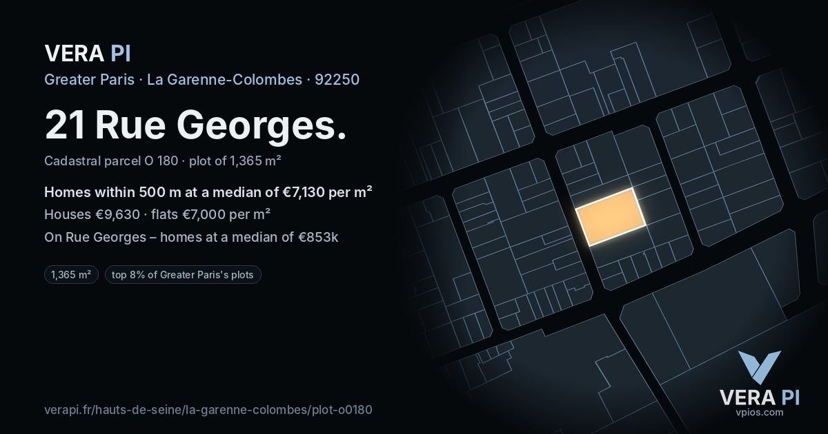 21 Rue Georges, La Garenne-Colombes at night – the plot lit, the parcels around coloured by the prices near them