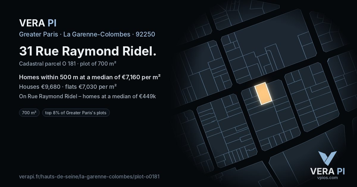 31 Rue Raymond Ridel, La Garenne-Colombes at night – the plot lit, the parcels around coloured by the prices near them