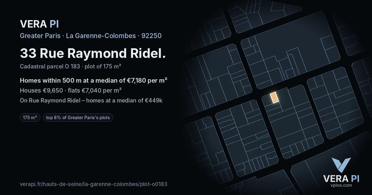 33 Rue Raymond Ridel, La Garenne-Colombes at night – the plot lit, the parcels around coloured by the prices near them