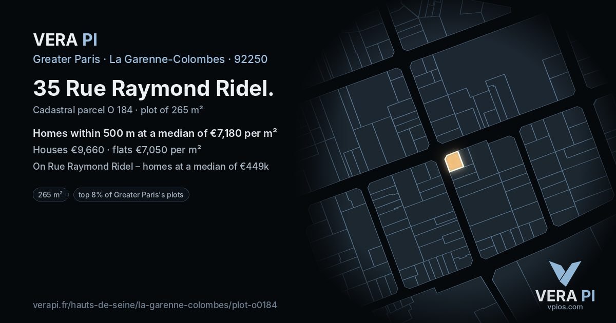 35 Rue Raymond Ridel, La Garenne-Colombes at night – the plot lit, the parcels around coloured by the prices near them