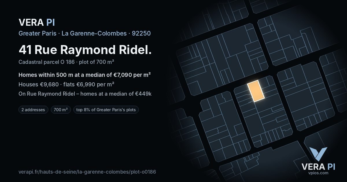 41 Rue Raymond Ridel, La Garenne-Colombes at night – the plot lit, the parcels around coloured by the prices near them