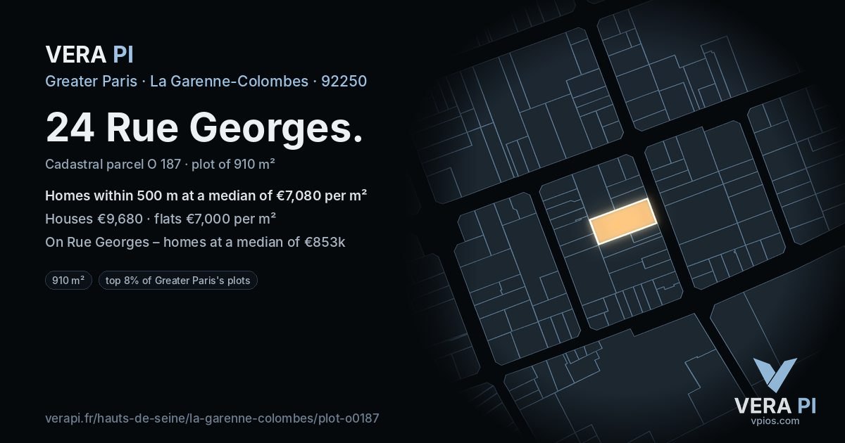 24 Rue Georges, La Garenne-Colombes at night – the plot lit, the parcels around coloured by the prices near them