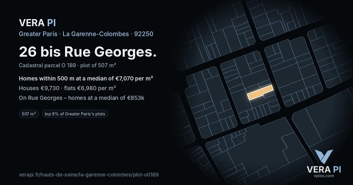 26 bis Rue Georges, La Garenne-Colombes at night – the plot lit, the parcels around coloured by the prices near them