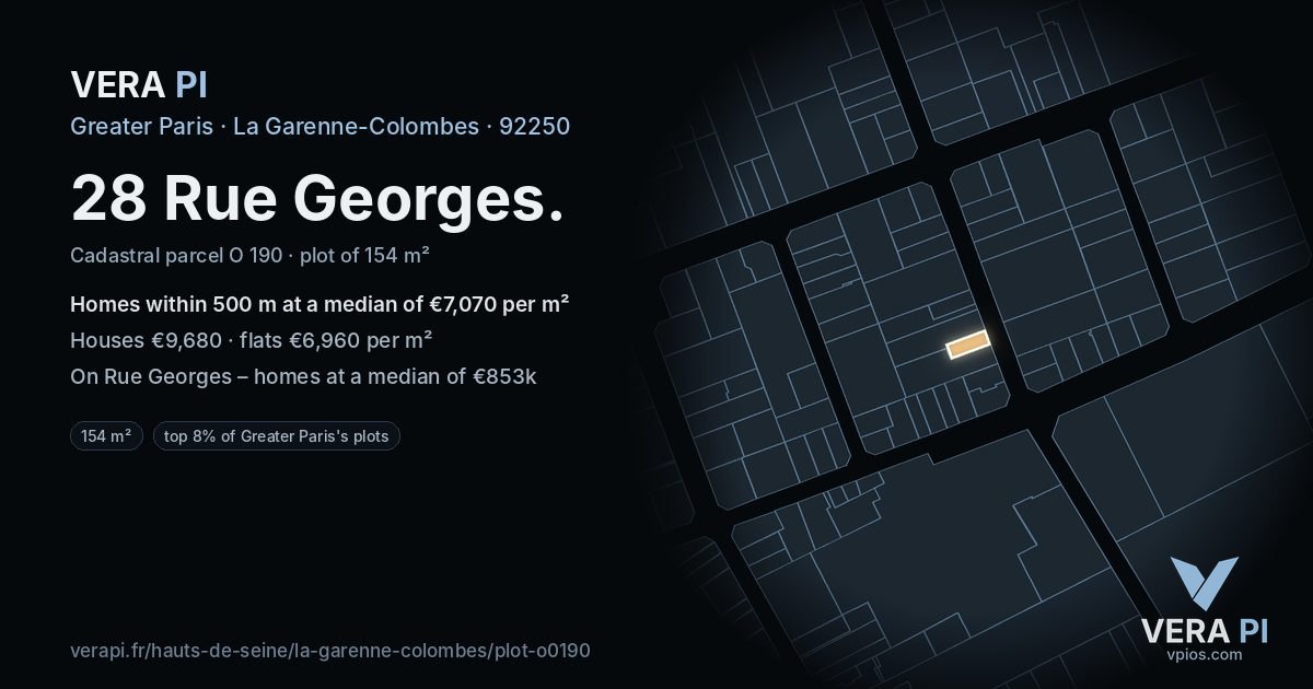 28 Rue Georges, La Garenne-Colombes at night – the plot lit, the parcels around coloured by the prices near them