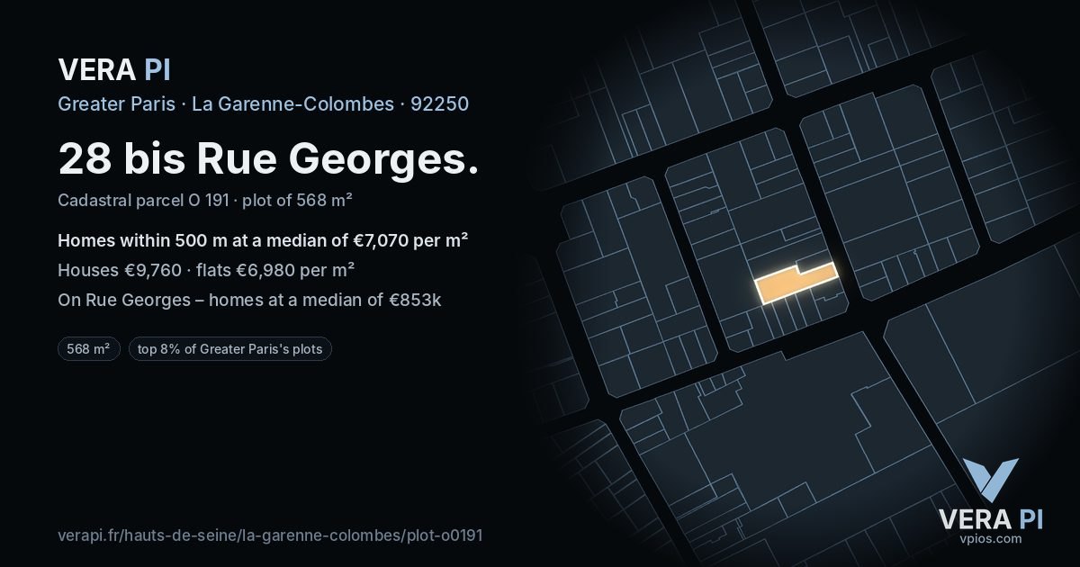 28 bis Rue Georges, La Garenne-Colombes at night – the plot lit, the parcels around coloured by the prices near them