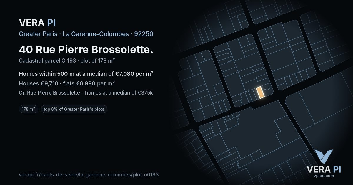 40 Rue Pierre Brossolette, La Garenne-Colombes at night – the plot lit, the parcels around coloured by the prices near them