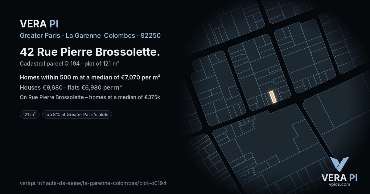 42 Rue Pierre Brossolette, La Garenne-Colombes at night – the plot lit, the parcels around coloured by the prices near them