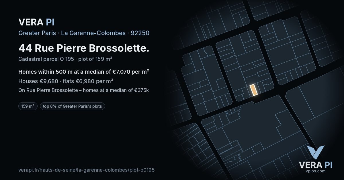 44 Rue Pierre Brossolette, La Garenne-Colombes at night – the plot lit, the parcels around coloured by the prices near them