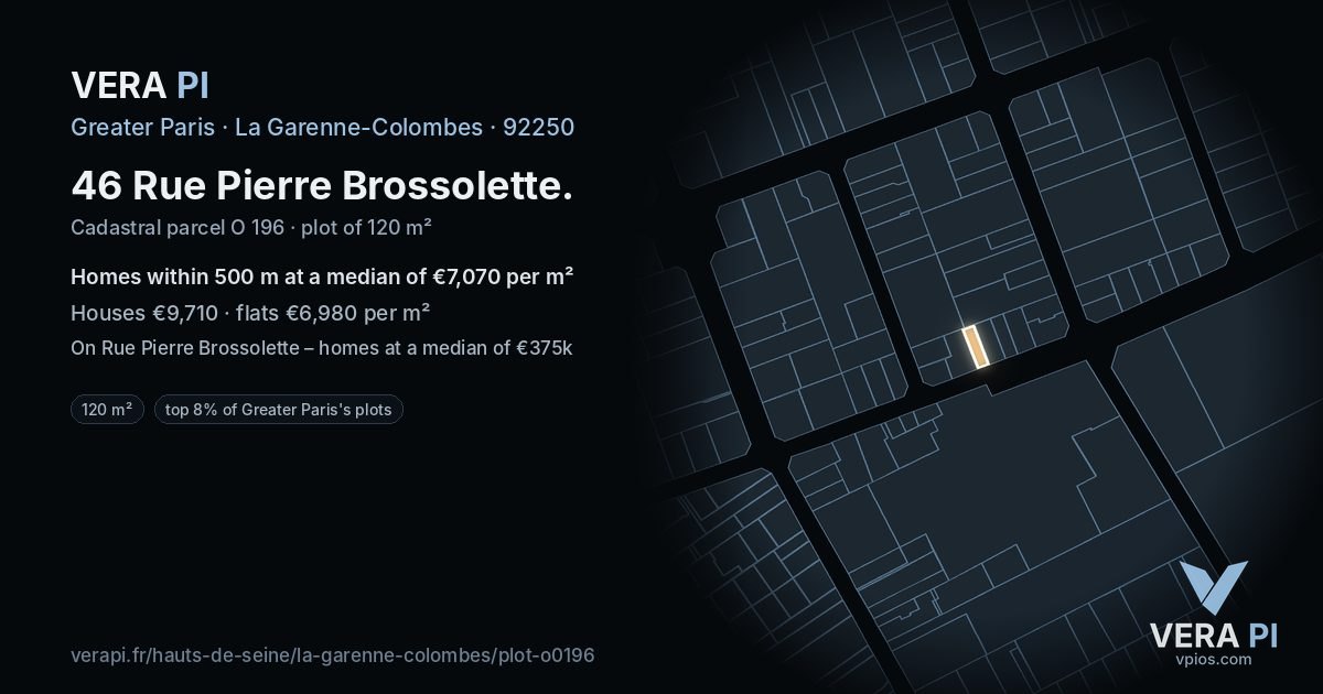 46 Rue Pierre Brossolette, La Garenne-Colombes at night – the plot lit, the parcels around coloured by the prices near them