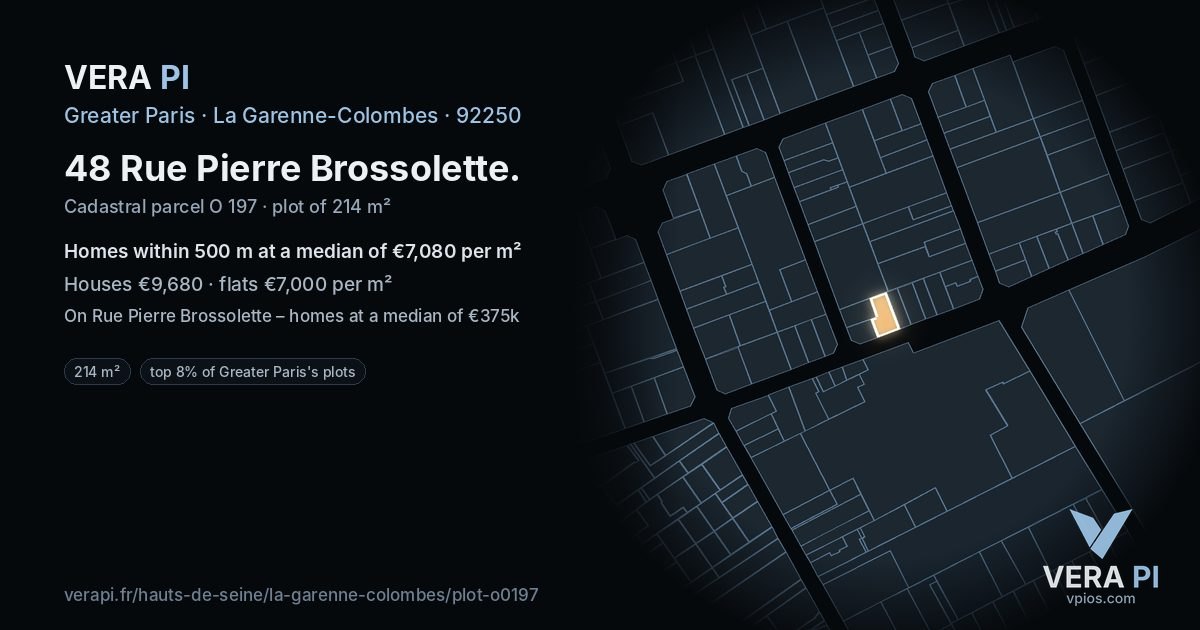 48 Rue Pierre Brossolette, La Garenne-Colombes at night – the plot lit, the parcels around coloured by the prices near them