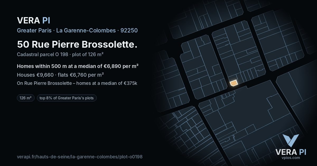 50 Rue Pierre Brossolette, La Garenne-Colombes at night – the plot lit, the parcels around coloured by the prices near them