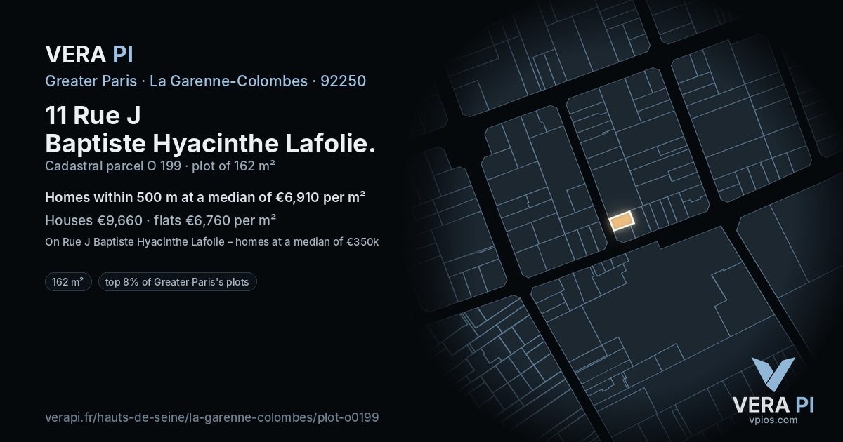 11 Rue J Baptiste Hyacinthe Lafolie, La Garenne-Colombes at night – the plot lit, the parcels around coloured by the prices near them