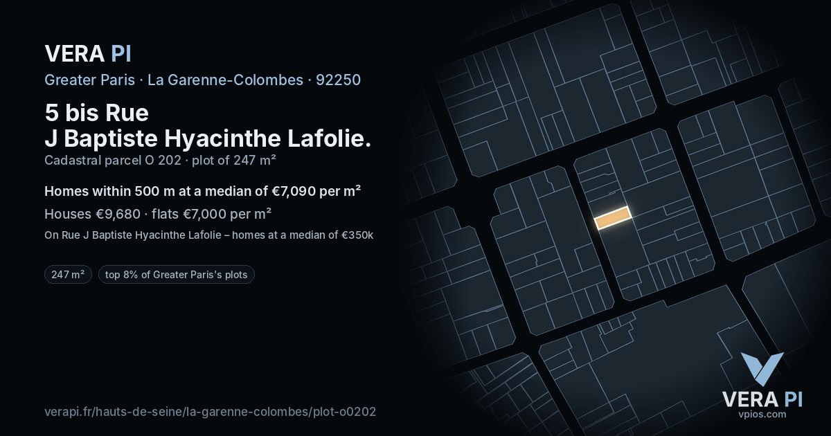 5 bis Rue J Baptiste Hyacinthe Lafolie, La Garenne-Colombes at night – the plot lit, the parcels around coloured by the prices near them