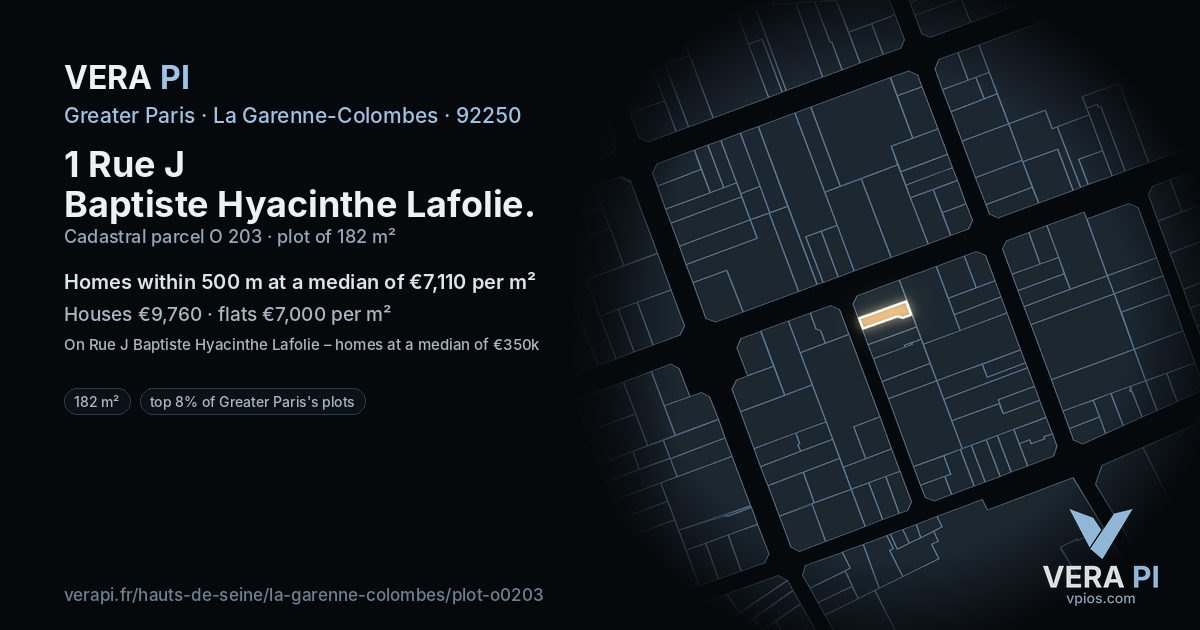 1 Rue J Baptiste Hyacinthe Lafolie, La Garenne-Colombes at night – the plot lit, the parcels around coloured by the prices near them