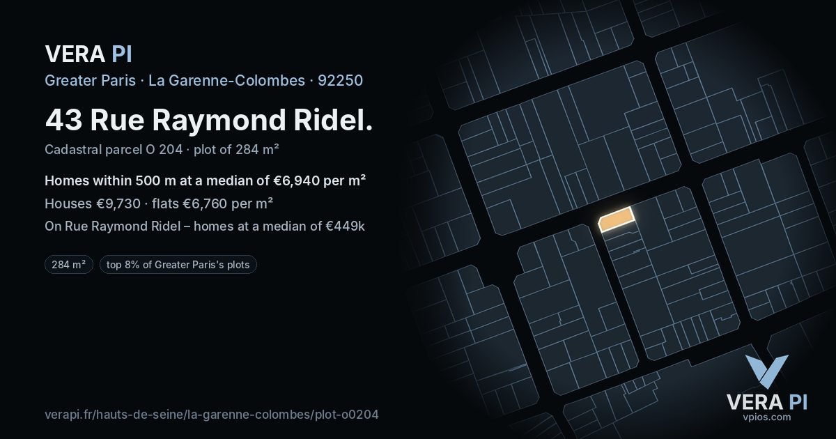 43 Rue Raymond Ridel, La Garenne-Colombes at night – the plot lit, the parcels around coloured by the prices near them