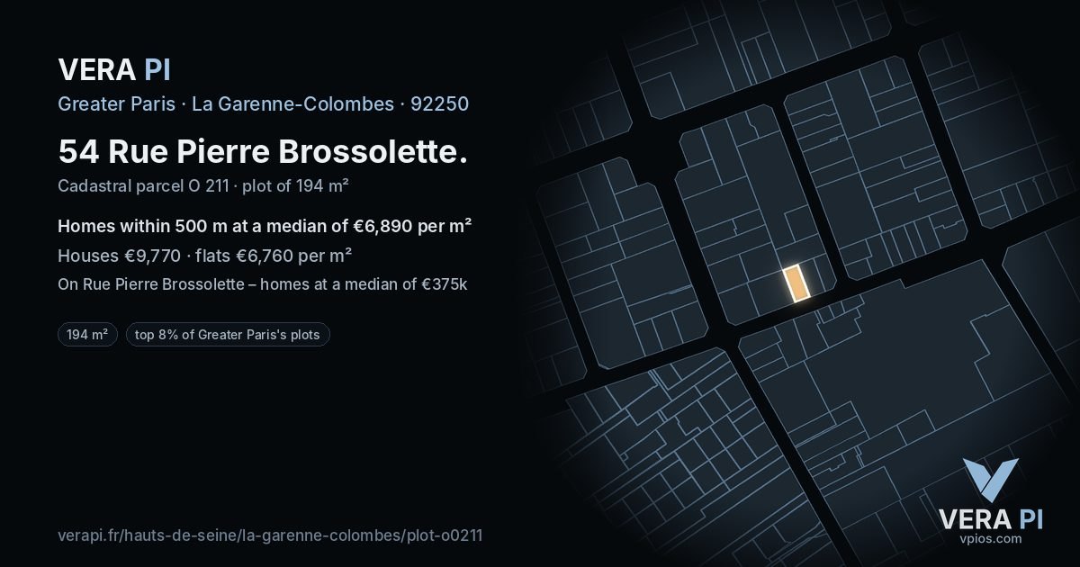 54 Rue Pierre Brossolette, La Garenne-Colombes at night – the plot lit, the parcels around coloured by the prices near them