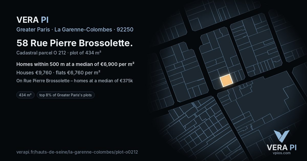 58 Rue Pierre Brossolette, La Garenne-Colombes at night – the plot lit, the parcels around coloured by the prices near them