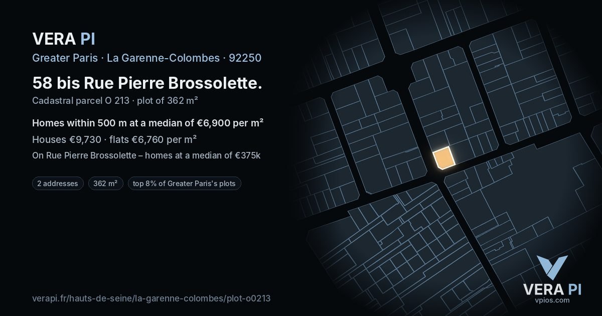 58 bis Rue Pierre Brossolette, La Garenne-Colombes at night – the plot lit, the parcels around coloured by the prices near them