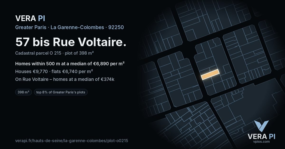 57 bis Rue Voltaire, La Garenne-Colombes at night – the plot lit, the parcels around coloured by the prices near them