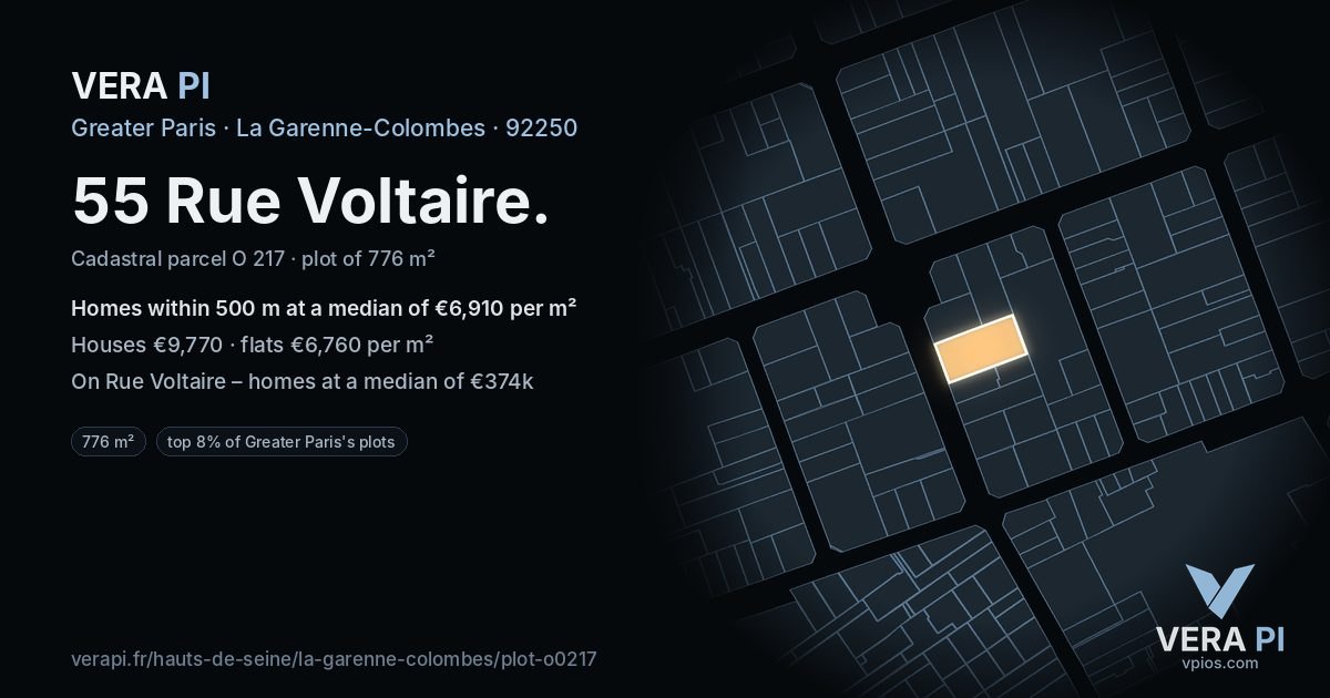 55 Rue Voltaire, La Garenne-Colombes at night – the plot lit, the parcels around coloured by the prices near them
