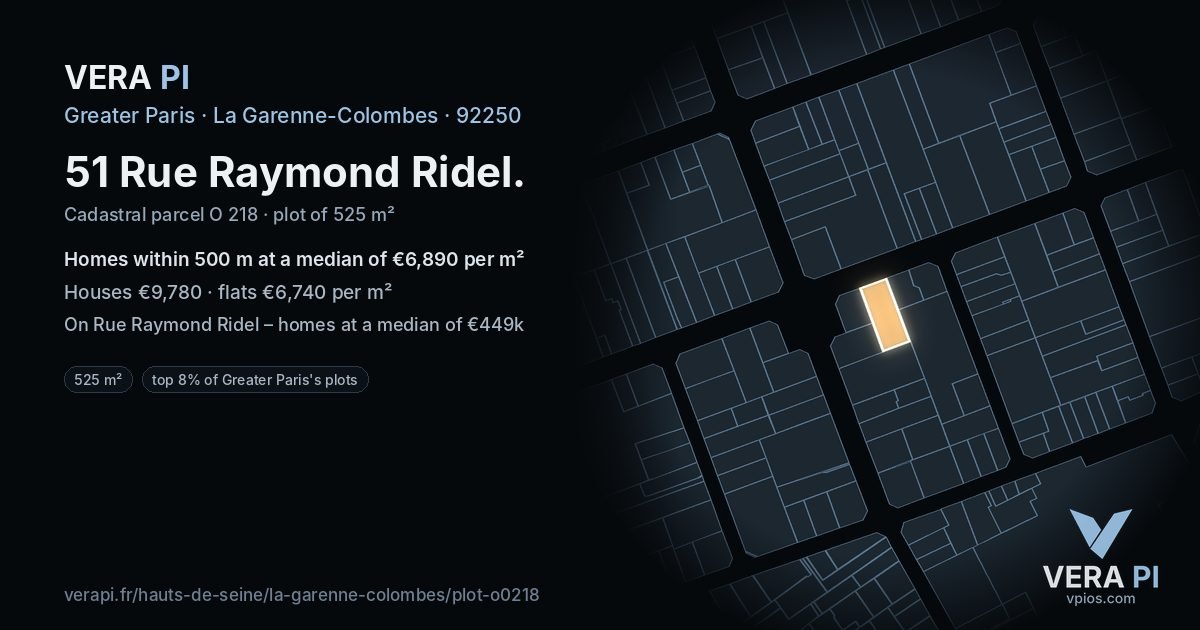 51 Rue Raymond Ridel, La Garenne-Colombes at night – the plot lit, the parcels around coloured by the prices near them