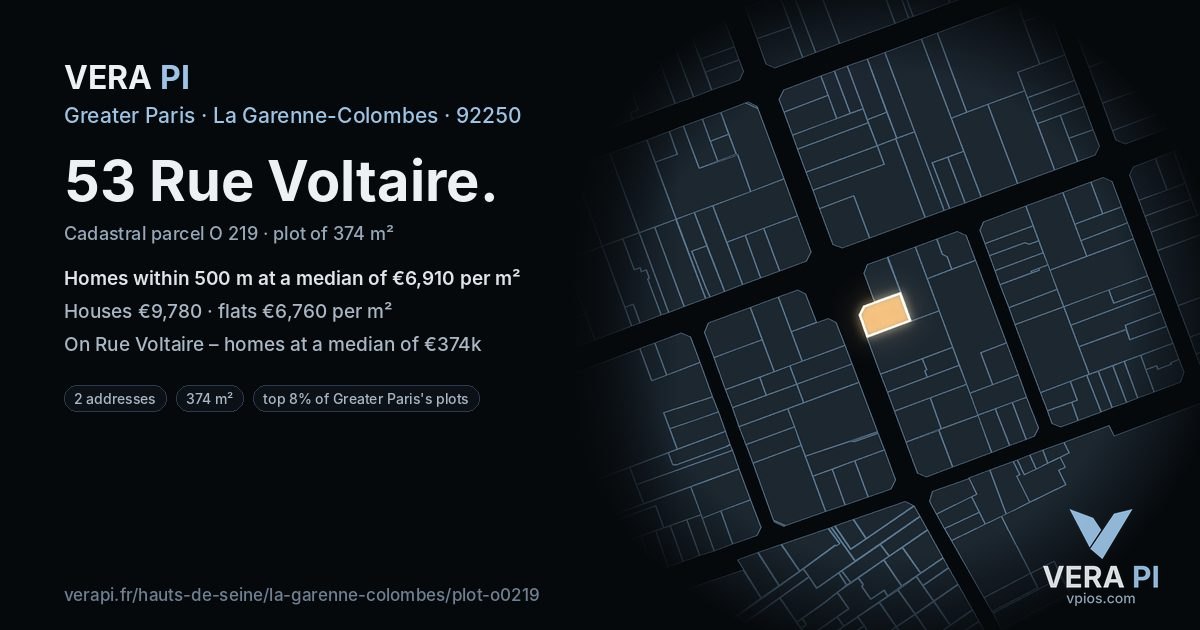 53 Rue Voltaire, La Garenne-Colombes at night – the plot lit, the parcels around coloured by the prices near them