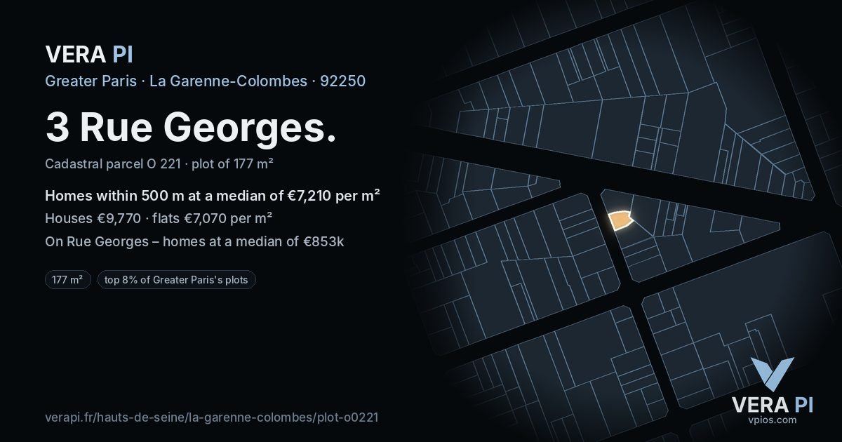 3 Rue Georges, La Garenne-Colombes at night – the plot lit, the parcels around coloured by the prices near them
