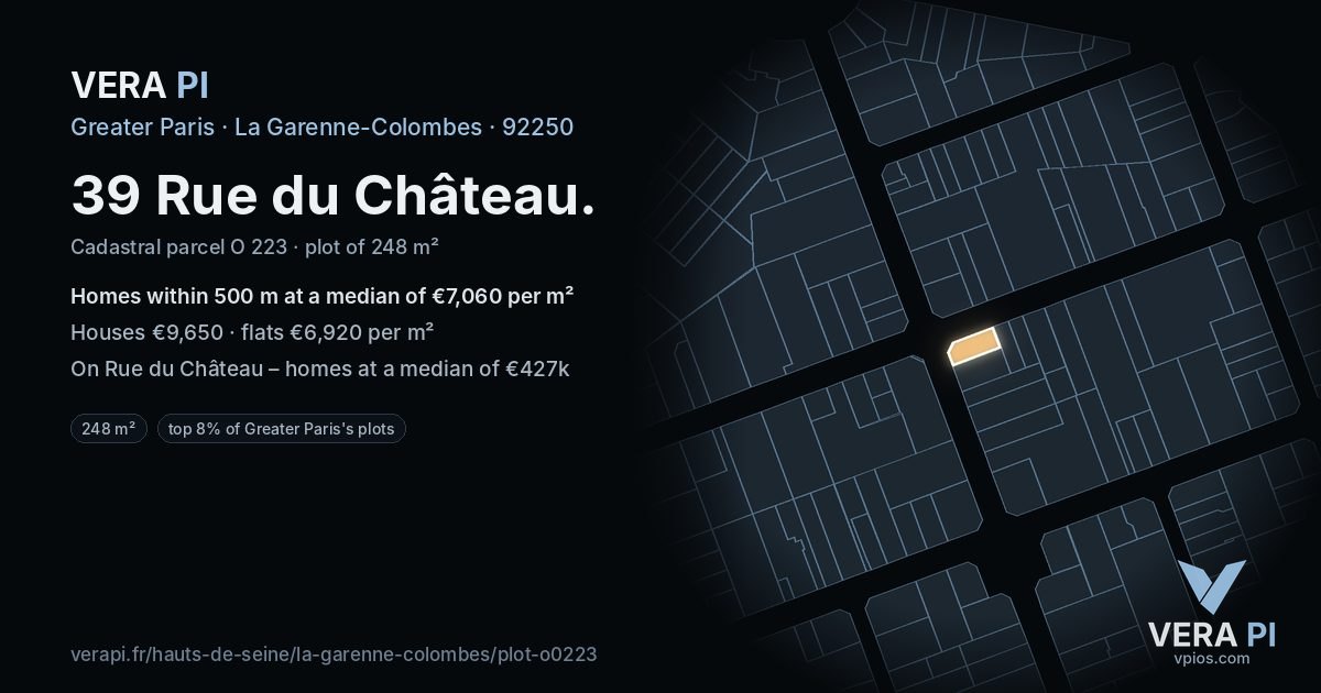 39 Rue du Château, La Garenne-Colombes at night – the plot lit, the parcels around coloured by the prices near them