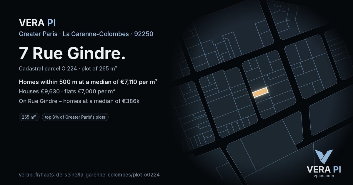 7 Rue Gindre, La Garenne-Colombes at night – the plot lit, the parcels around coloured by the prices near them