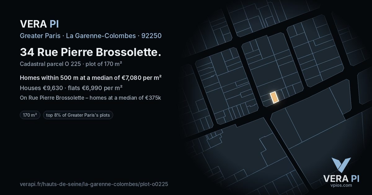 34 Rue Pierre Brossolette, La Garenne-Colombes at night – the plot lit, the parcels around coloured by the prices near them