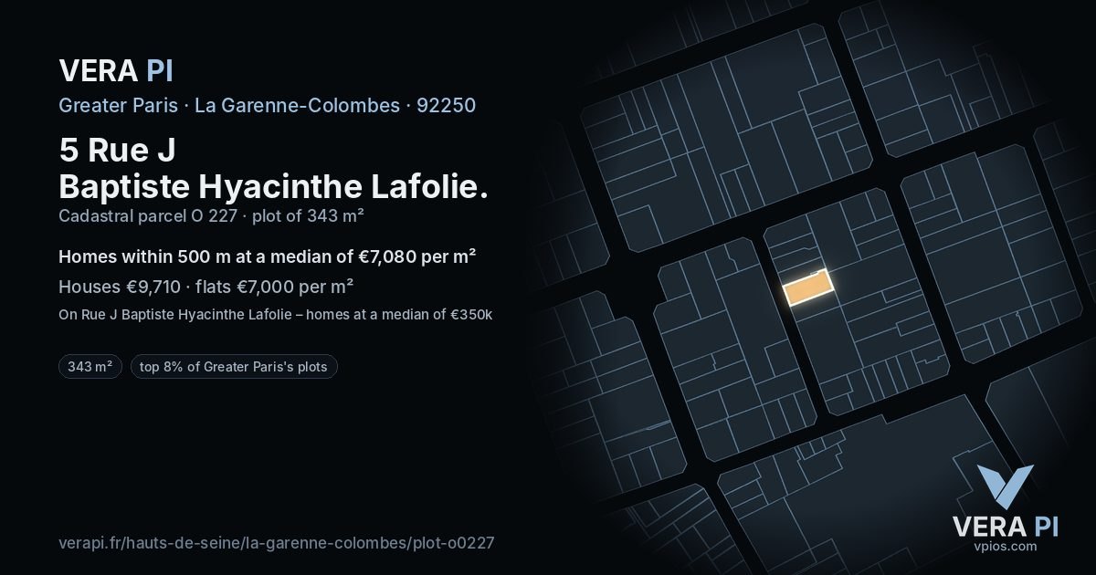 5 Rue J Baptiste Hyacinthe Lafolie, La Garenne-Colombes at night – the plot lit, the parcels around coloured by the prices near them