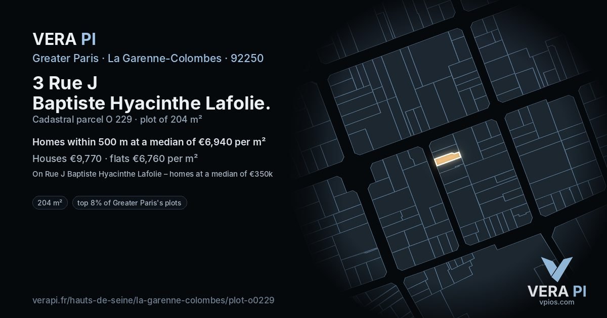 3 Rue J Baptiste Hyacinthe Lafolie, La Garenne-Colombes at night – the plot lit, the parcels around coloured by the prices near them