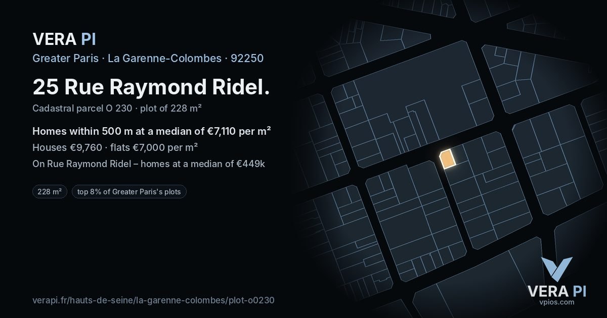 25 Rue Raymond Ridel, La Garenne-Colombes at night – the plot lit, the parcels around coloured by the prices near them