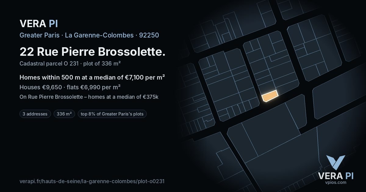 22 Rue Pierre Brossolette, La Garenne-Colombes at night – the plot lit, the parcels around coloured by the prices near them