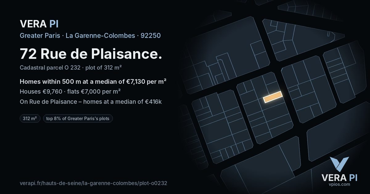 72 Rue de Plaisance, La Garenne-Colombes at night – the plot lit, the parcels around coloured by the prices near them