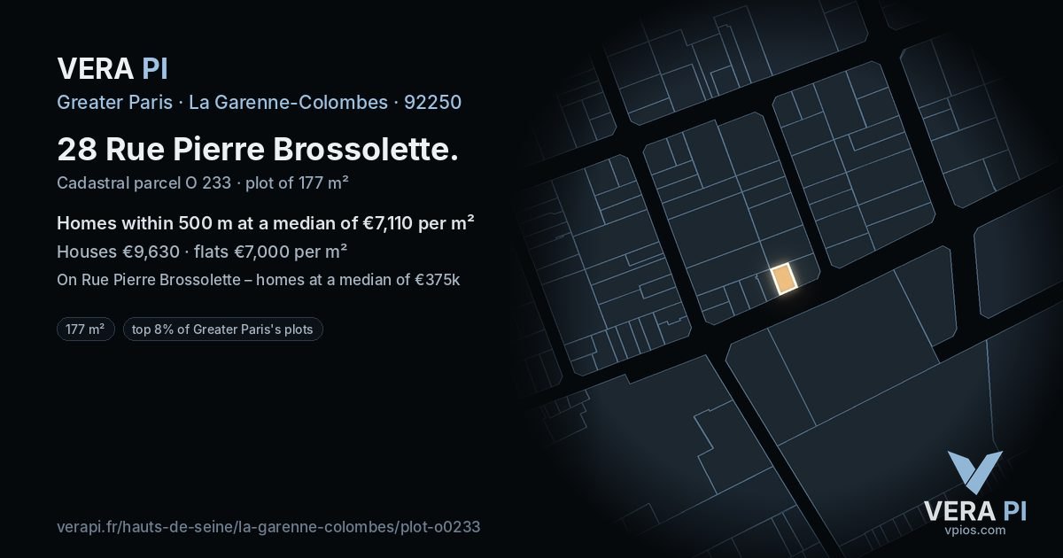 28 Rue Pierre Brossolette, La Garenne-Colombes at night – the plot lit, the parcels around coloured by the prices near them