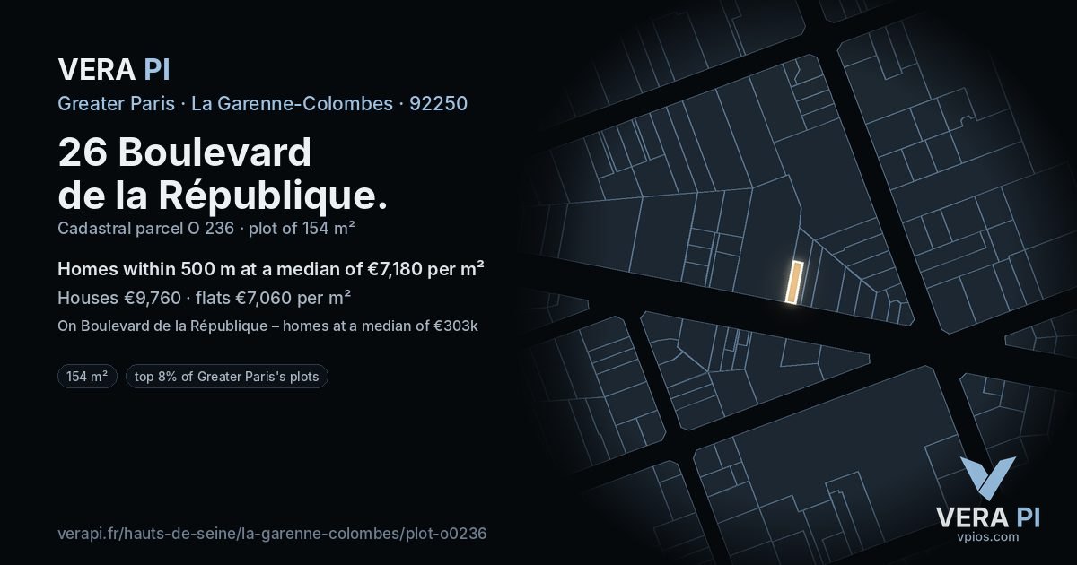 26 Boulevard de la République, La Garenne-Colombes at night – the plot lit, the parcels around coloured by the prices near them