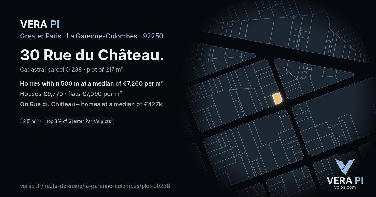 30 Rue du Château, La Garenne-Colombes at night – the plot lit, the parcels around coloured by the prices near them